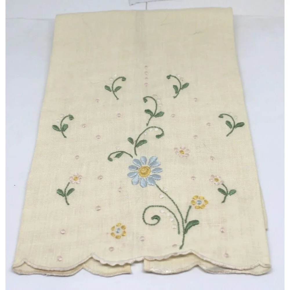 Beautiful Hand Embroidered Guest Towel Doily Soft Beige 17 x 11 Inch CUTE